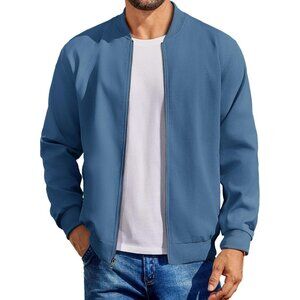 Men's Casual Cotton Bomber Jacket Light Blue Lightweight Flight Softshell